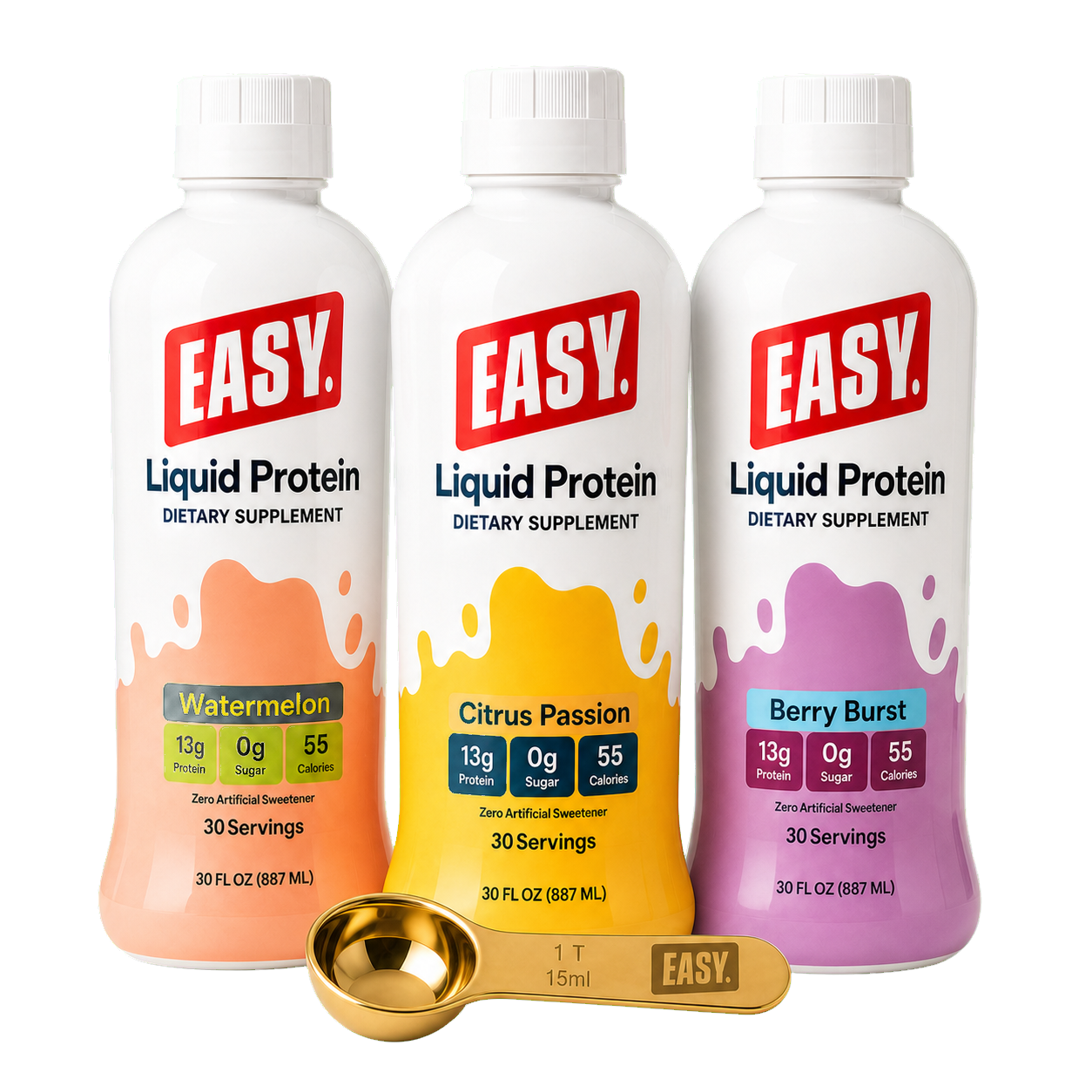 Three Easy Protein liquid collagen bottles with the included branded tablespoon