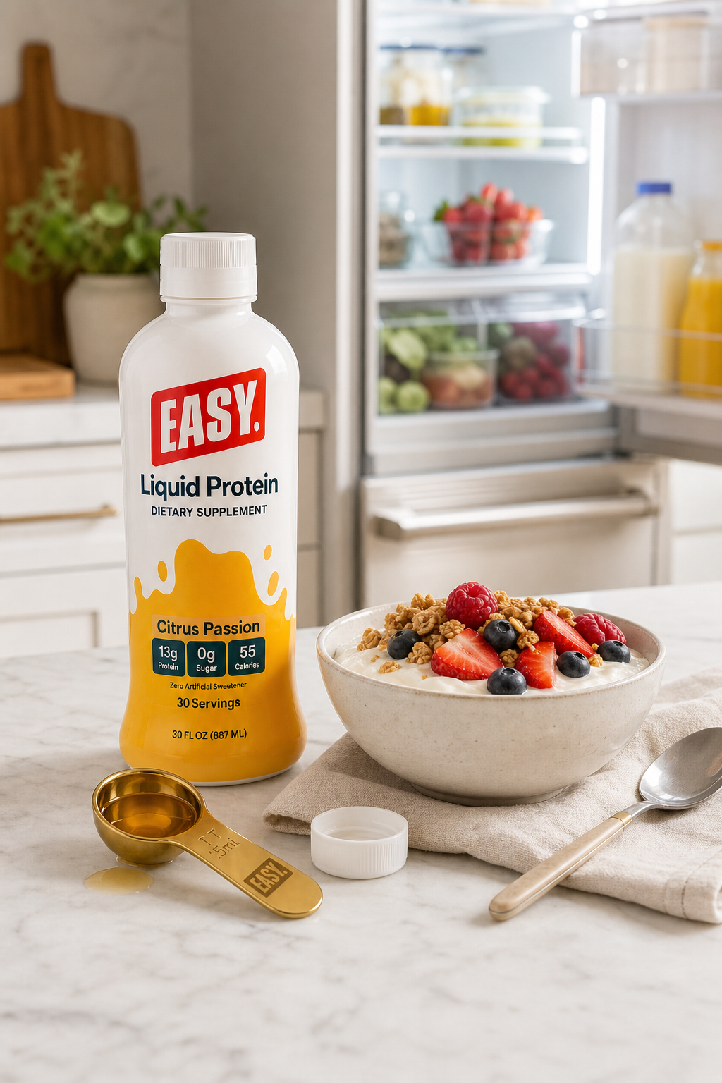 Citrus Passion Easy Protein bottle beside yogurt, berries, granola, and the gold measuring spoon in a bright kitchen