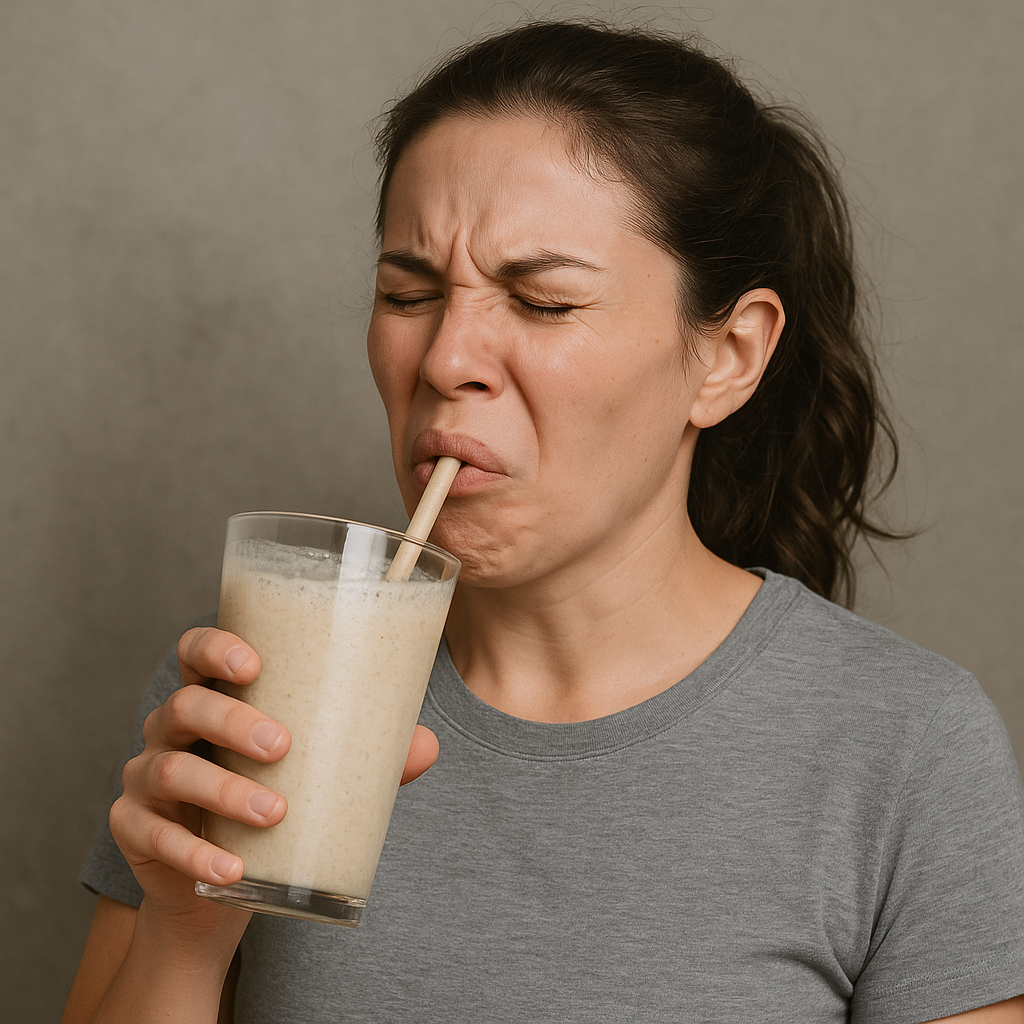 Person reacting to a thick protein shake