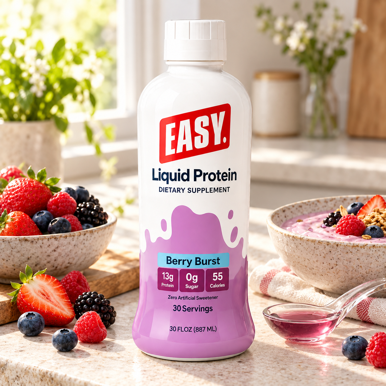 Berry Burst bottle beside fruit and breakfast — styled serving suggestion.