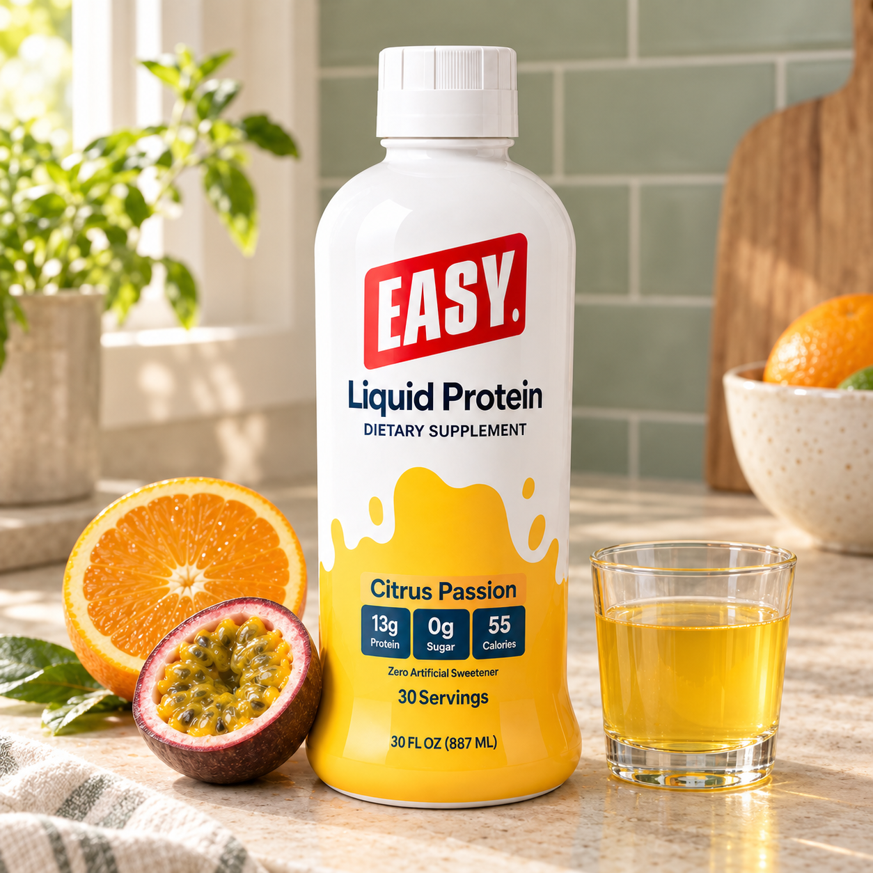 Citrus Passion bottle with citrus fruit and a small glass — styled serving suggestion.