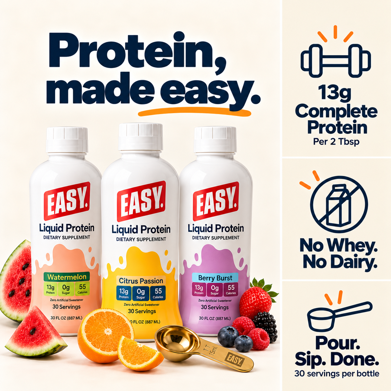 Protein, made easy. 13g complete protein per 2 Tbsp. No whey or dairy. Thirty servings per bottle.