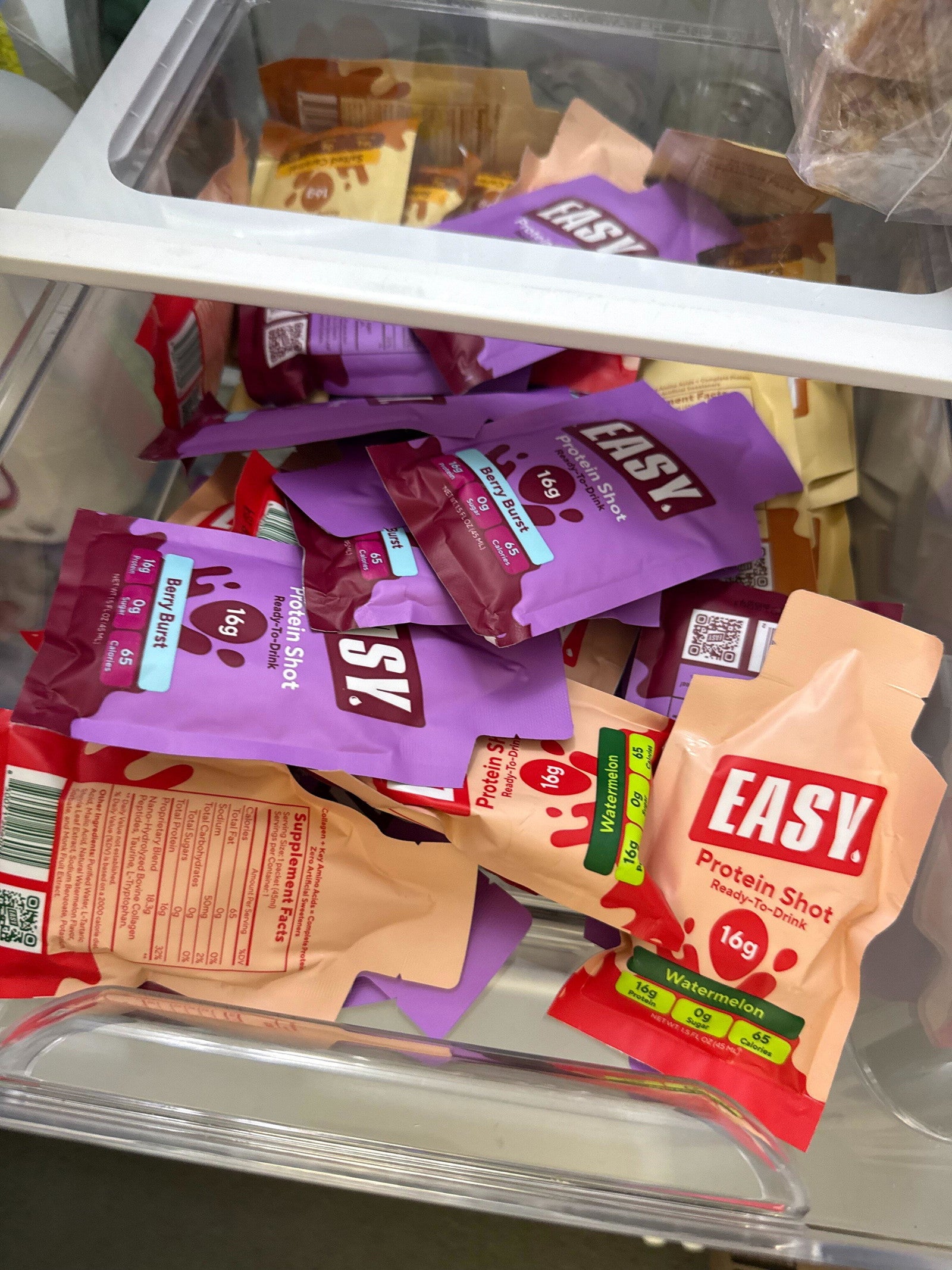 Esther's customer-submitted photo of Easy Protein® pouches stocked in her fridge