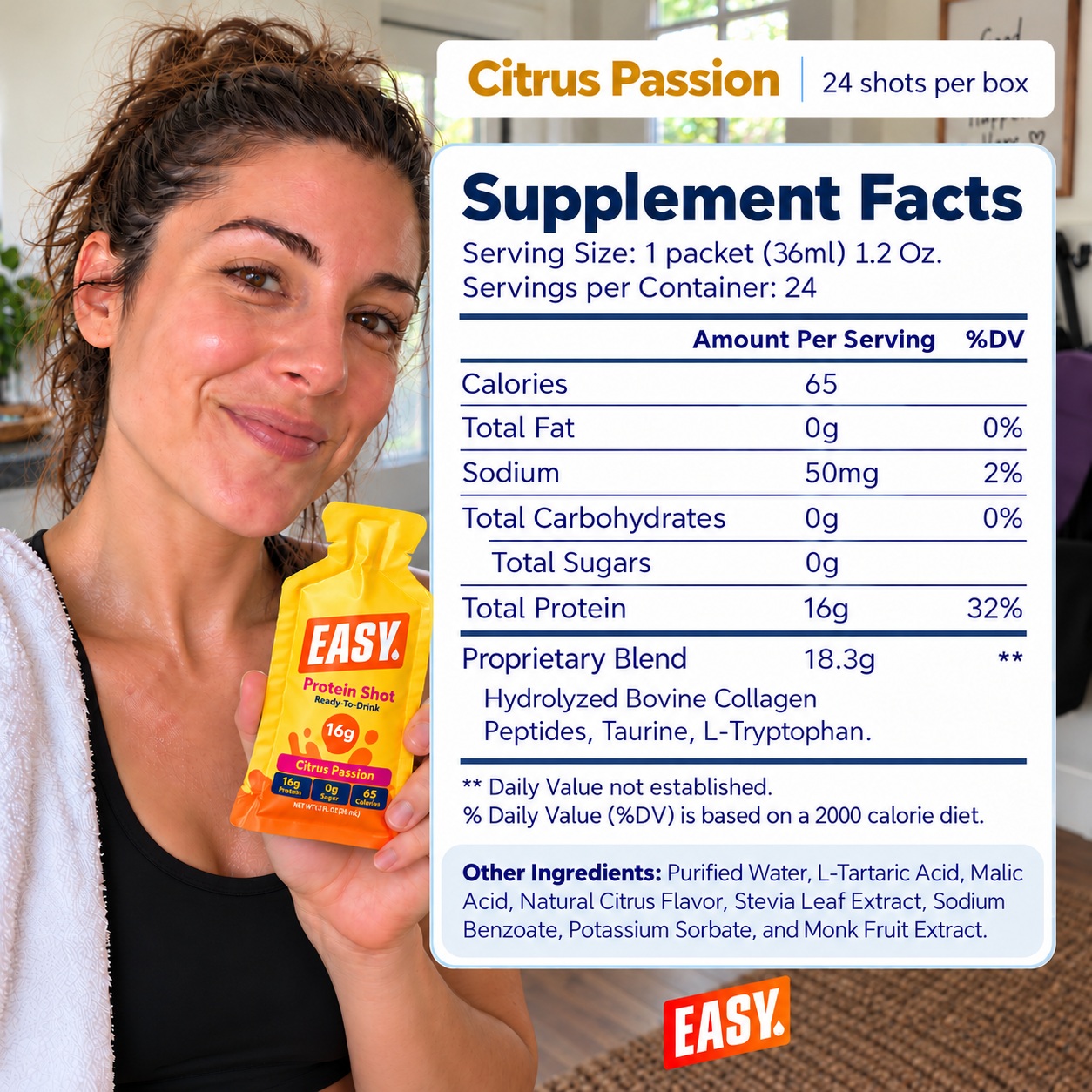 Easy Protein® Citrus Passion nutrition facts: 16g protein, 65 calories, 0g sugar