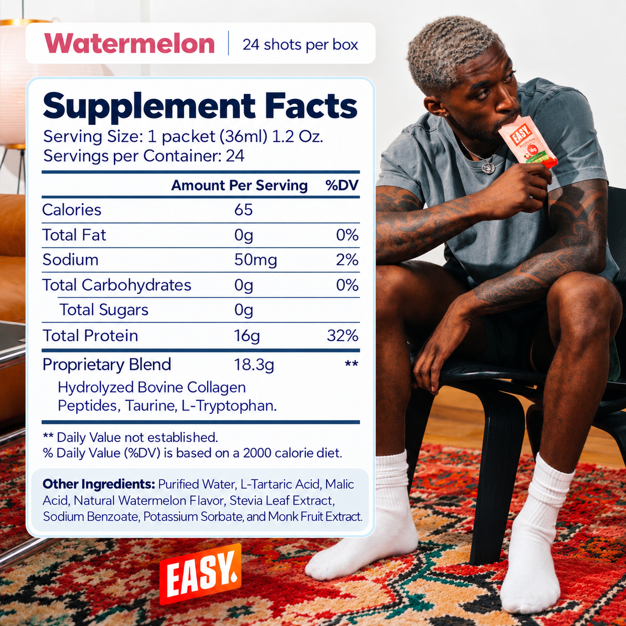 Easy Protein® Watermelon Supplement Facts with a male model drinking a protein shot